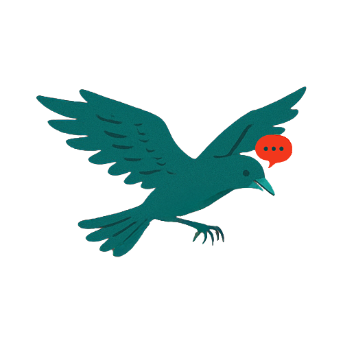 Teal bird in flight with a red-orange speech bubble